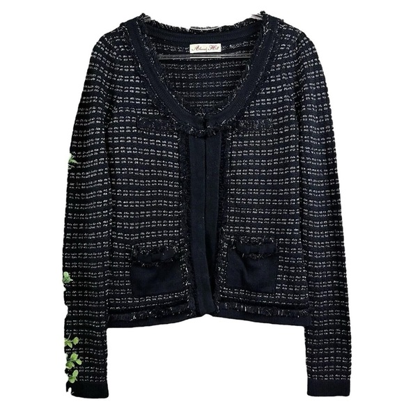 Alannah Hill Tweed Fringe Metallic Cardigan Sweater Black Silver Size AU 8 US 4 - Picture 1 of 7